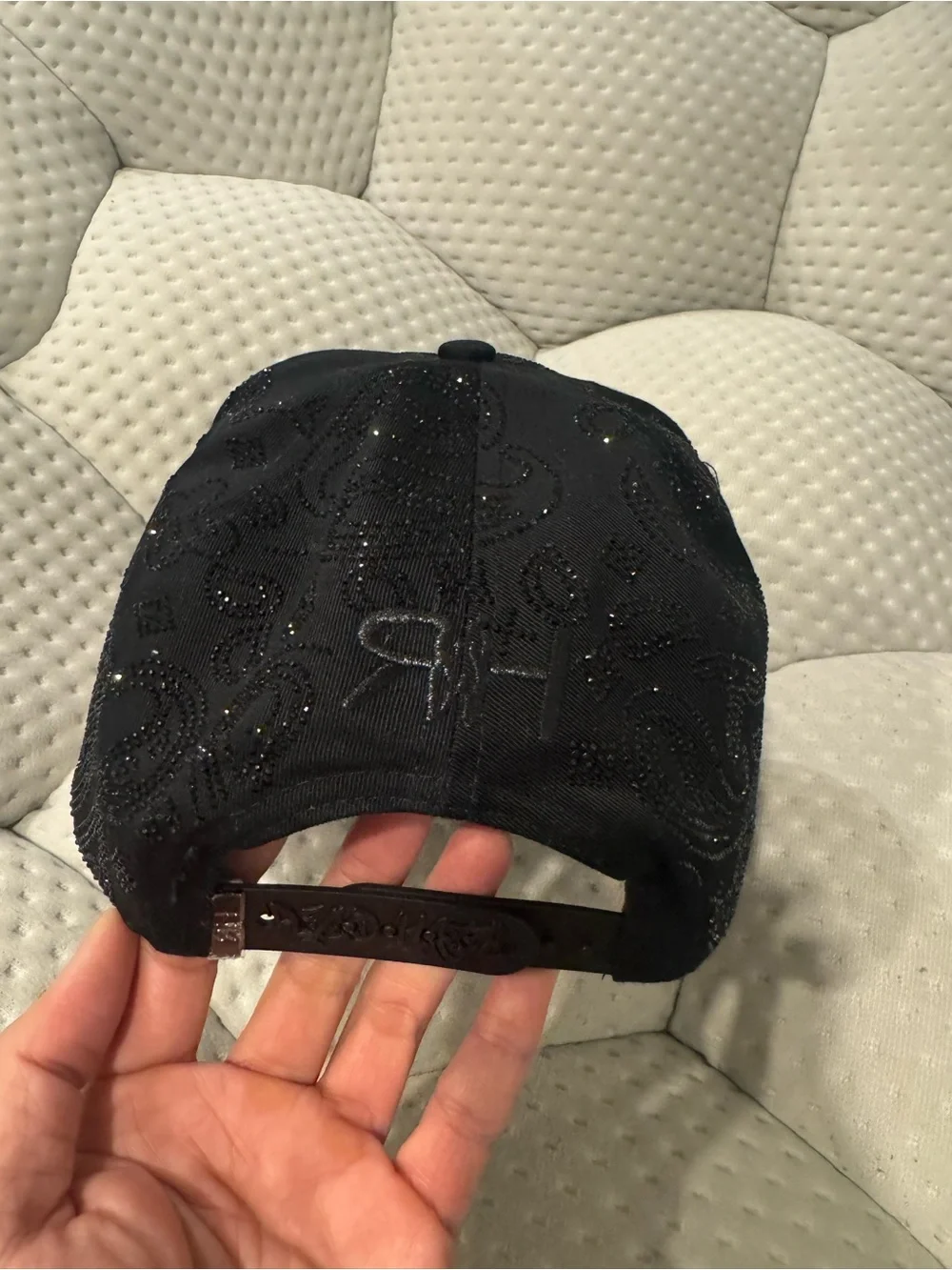 Black Rhinestones Embellished Baseball Cap with Crystal Monogram Accent